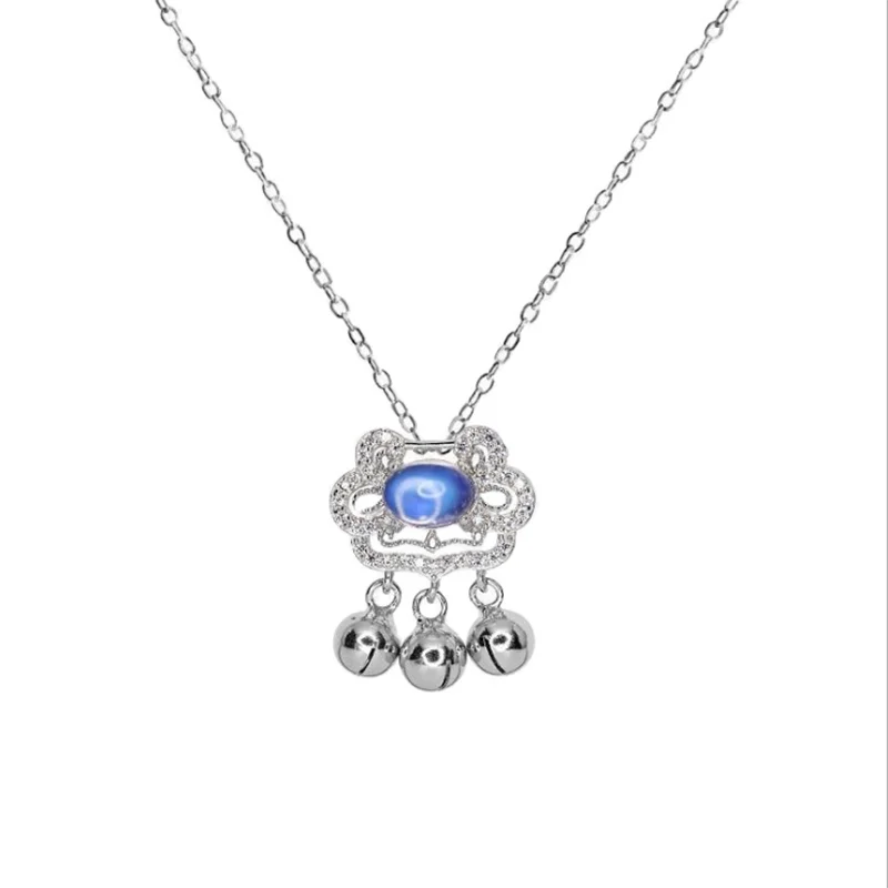 

Korean Version Simple Long Life Lock Necklace Set Jewelry Women Moonstone Lock Collarbone Chain Inlaid Blue Gems