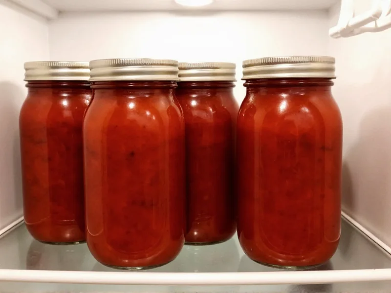 Homemade pizza sauce stored in mason jars in refrigerator