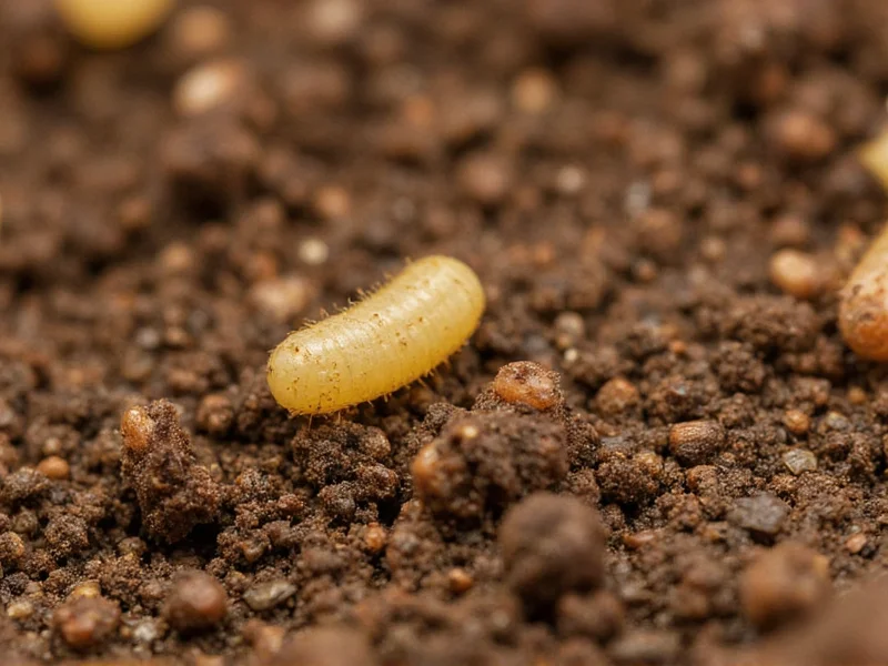 Close-up of gnat larvae in houseplant soil