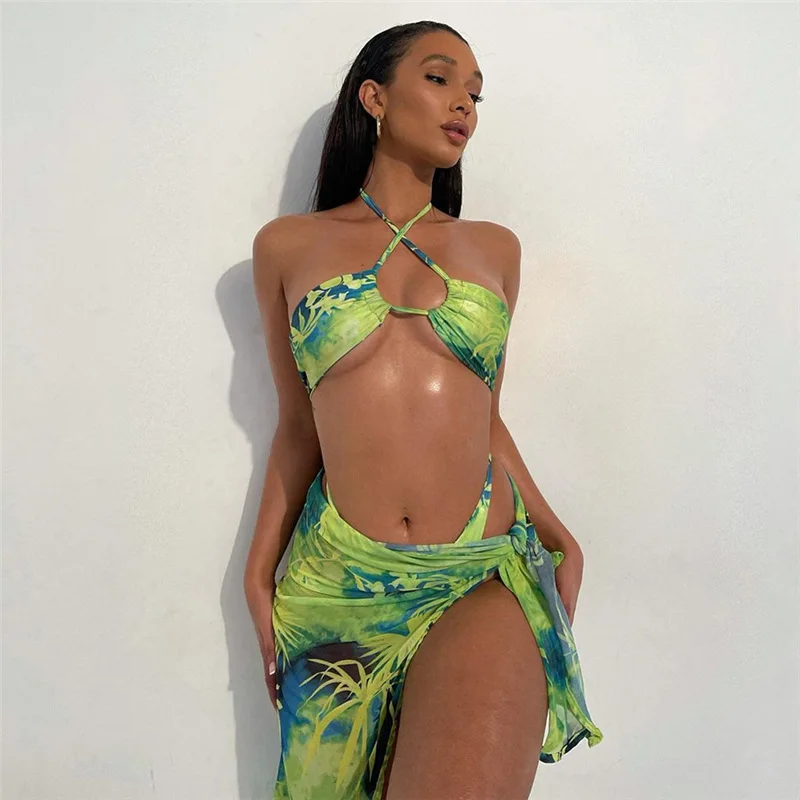 

Sexy Cleavage Two Piece Set Women Skirt Print Silky Sleeveless Cross-Neck Lace Up Top+Side Slit Loose Beachwear Outfits