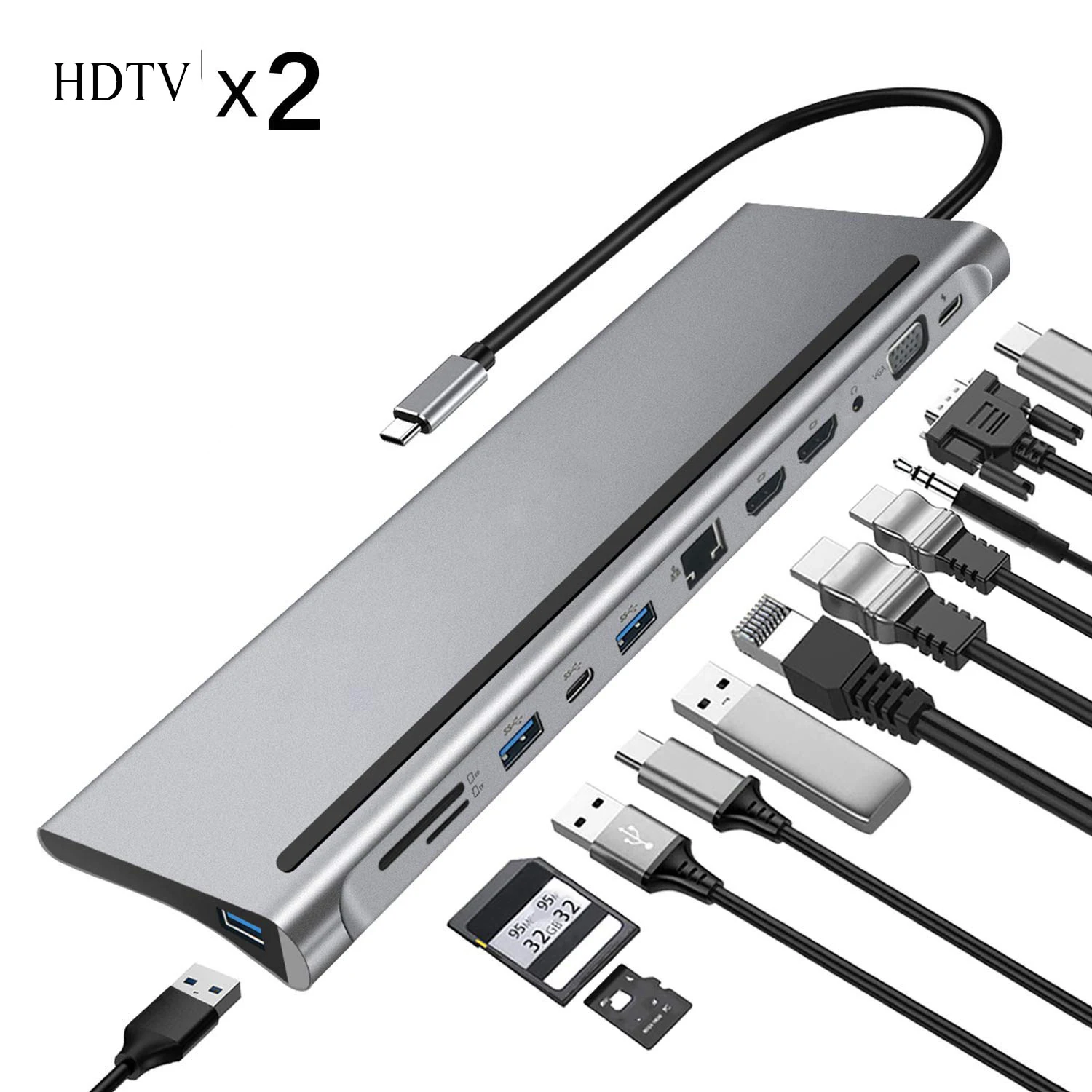 

12 in 1 USB C HUB Docking Station multi port Monitor USB Type C to 4K DP HDTV VGA Adapter, Grey