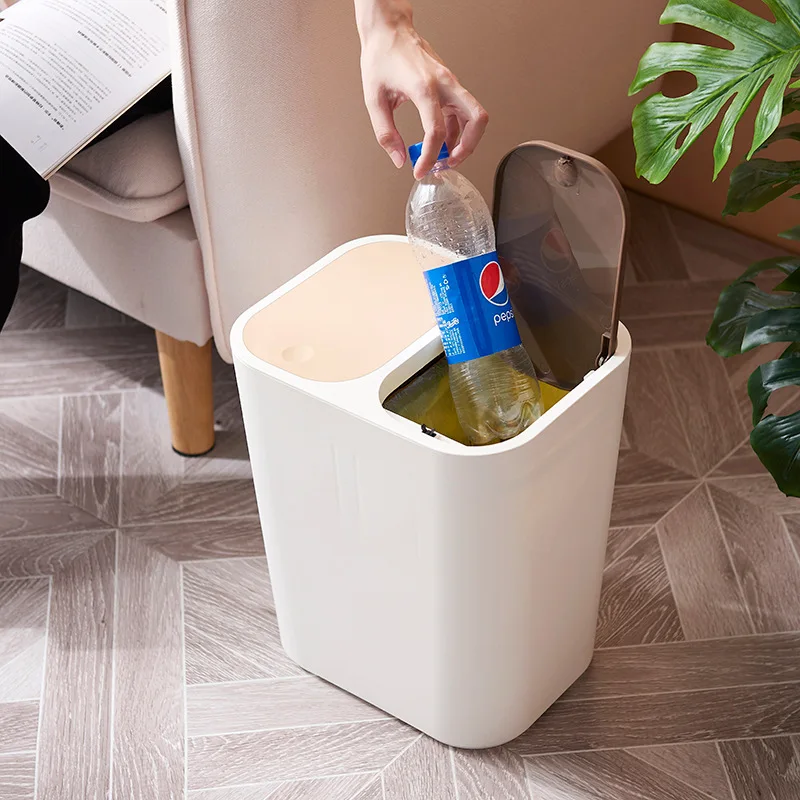 

BBA171 Press Type Simple Home Double Lid Trash Can Bathroom Kitchen Living Room Sorting Trash Can, Cofee ,white