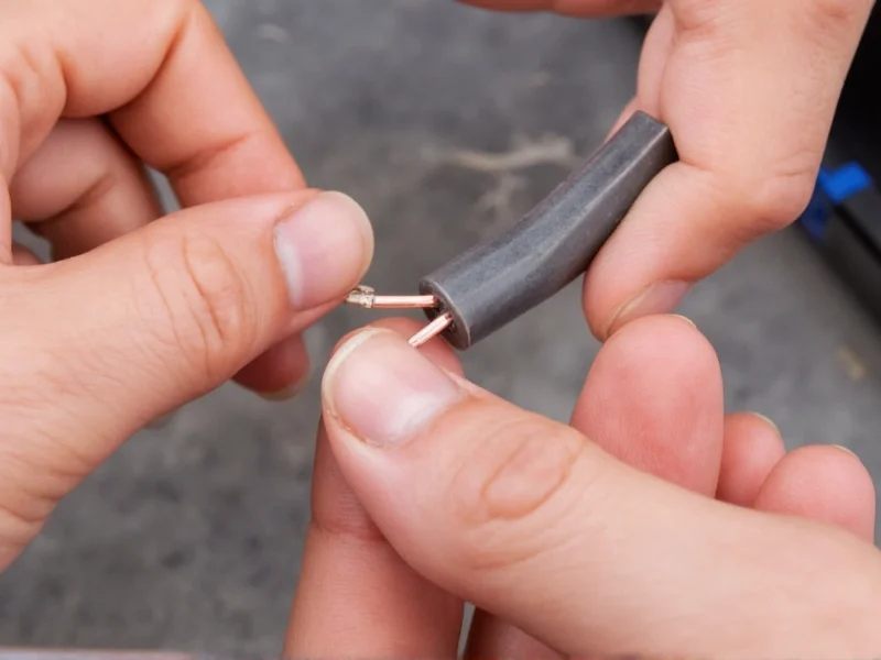 Hands demonstrating safe wire insulation technique with heat-shrink tubing