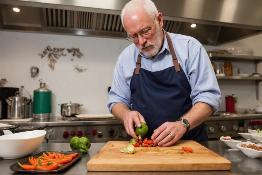 James Beard demonstrating pepper preparation techniques in his kitchen