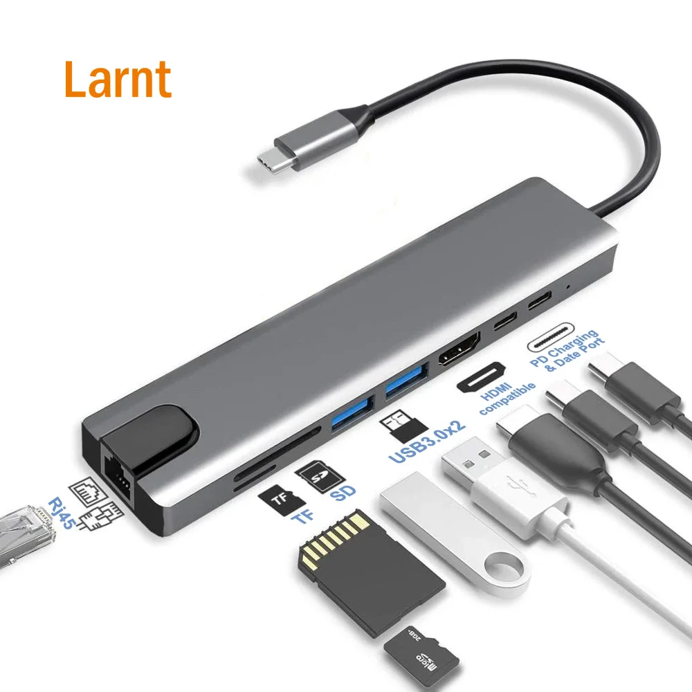 

8 In 1 Type-c 3.0 To 4K Hdmi-compatible Rj45 Ssd Tf Card Reader Pd Fast Chargefor Mac book Air Pro Pc Usb C Hub Docking Station, Grey