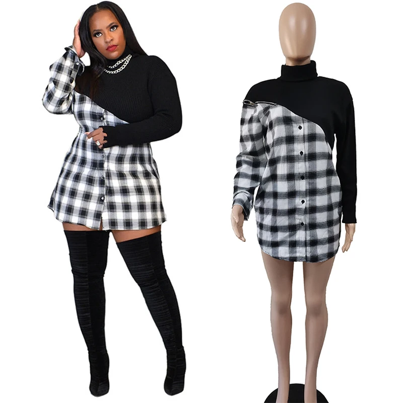 

RTS Factory Direct Sales Stitching long sleeve round neck plaid skirt, knitted casual Plus Size Dress