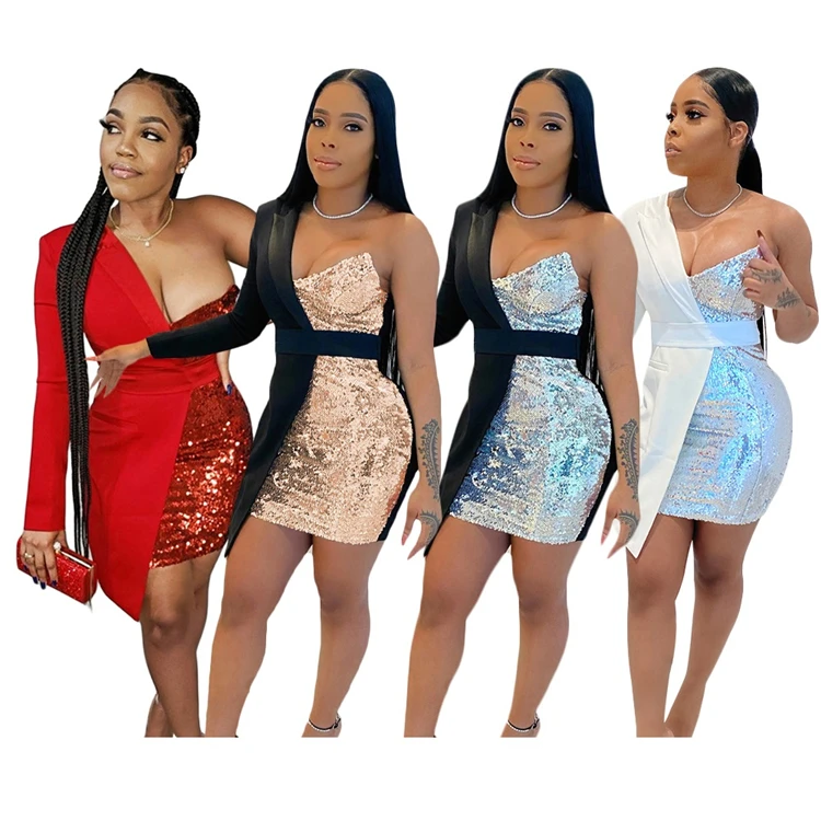 

2022 Hot Sexy Ladies Club Dress One Shoulder Sequin Party Autumn Women Bodycon Dresses