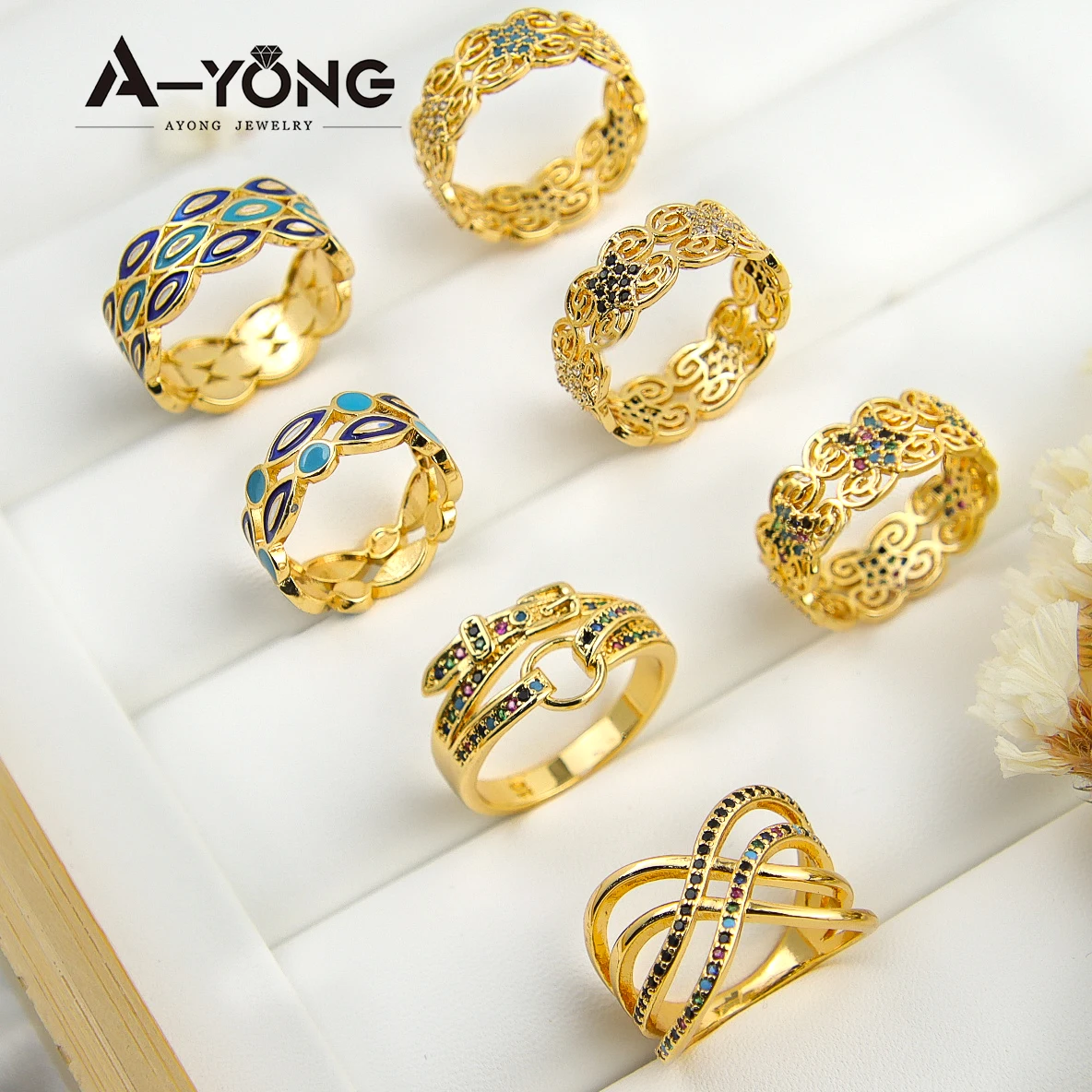 

Hot Selling Chain Link Ring Colorful Cubic Zirconia Stacking 18k Gold Plated Rings Women