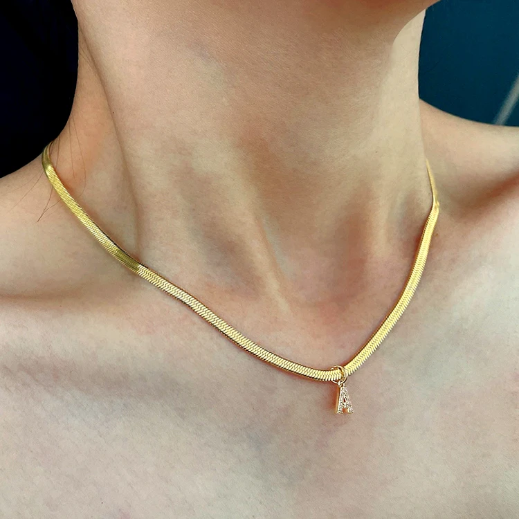 

tarnish free stainless steel gold plated small initial letter snake herringbone chain pendant necklace, Picture