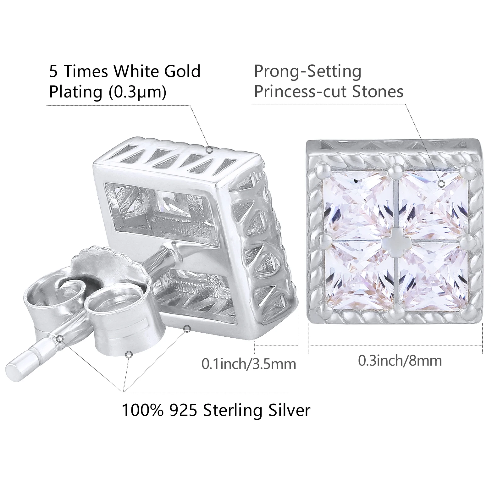 

KRKC Drop Shipping Mens Earrings Hip Hop Iced Bling Jewellery Stud Earring Gold Plated Crystal Square Cubic Zirconia S925 Silver
