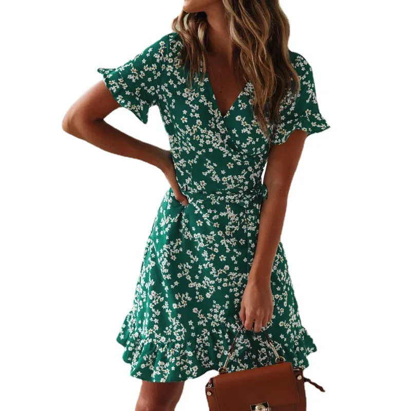 

Floral Printed Women Deep V Neck Midi Length Dress Ladies A-line Casual Dresses