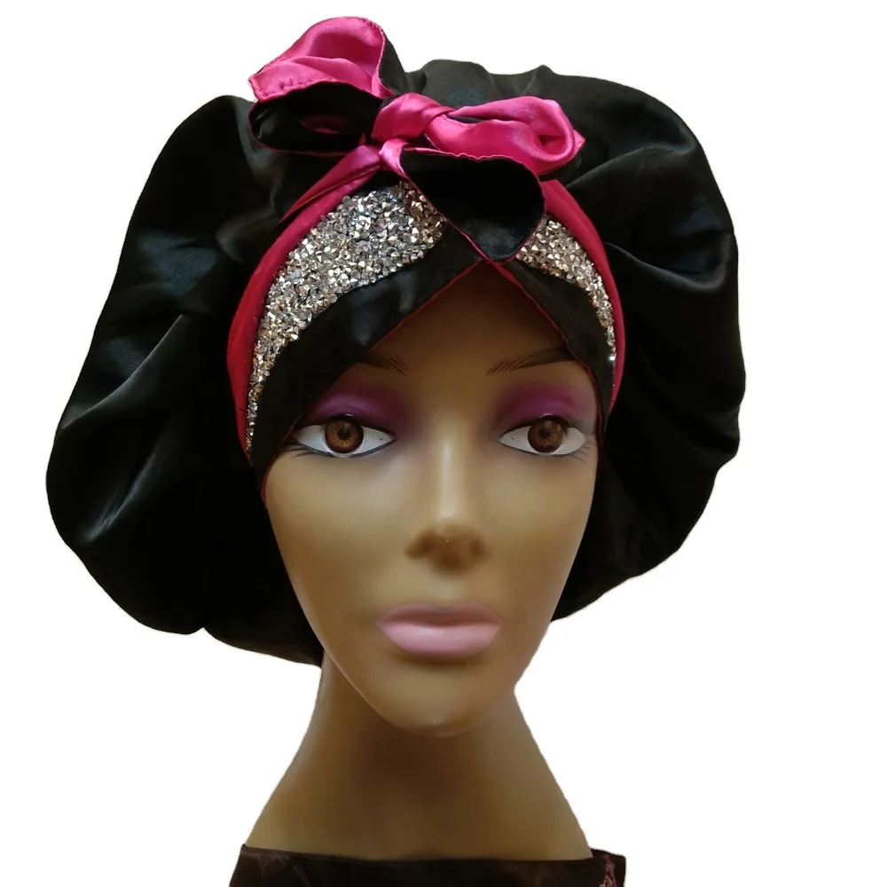 

Double Layers Bling Braids Hair Satin Bonnet With Long Band Tie Adjustable Rhinestone Silk Sleep Caps