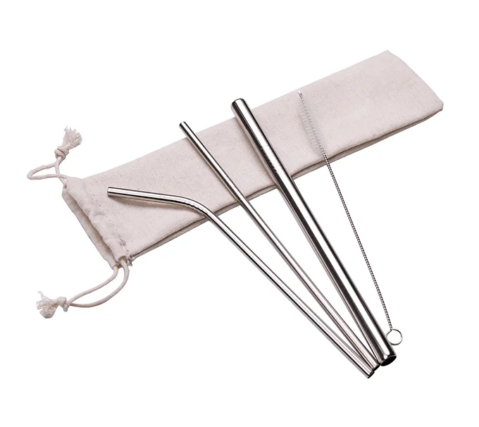 

Reusable Stainless Steel Straw with Cleaner Brush Eco Friendly Metal Drinking Straws Set With Cloth Bag