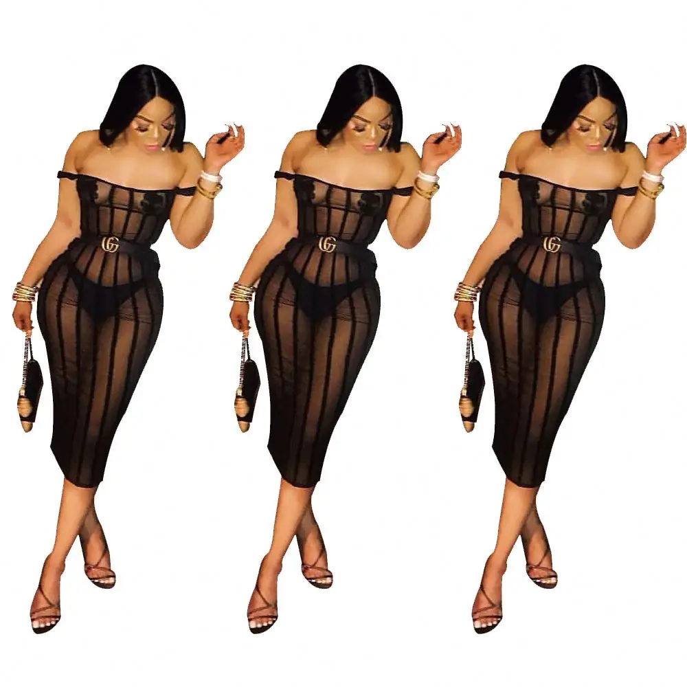 

high quality off the shoulder see through transparent sexy club women dresses, Black