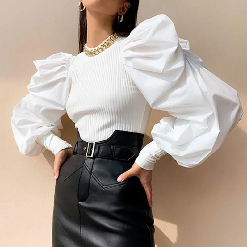 

Fall Winter Fashion Retro Women Long Puff Sleeve Blouse Black White Solid Blouses and Tops
