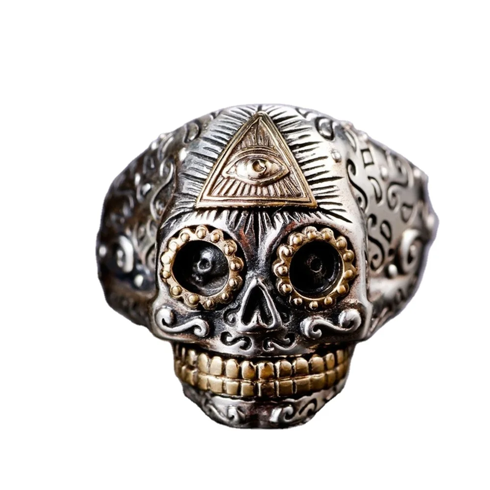 

wholesale Gothic Vintage Flower Carved Halloween Skull Ring for men, Silver