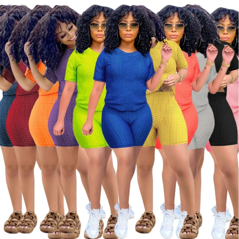 

Summer Clothing Jogger Pants Plain Honeycomb Outfit Sets Women Textured T Shirt And Short Set Tracksuits For Women, As show