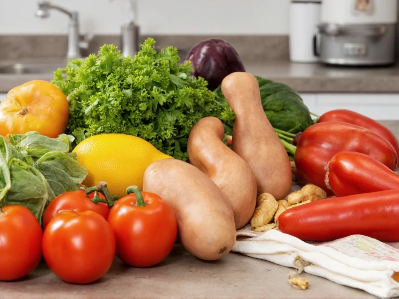 Soup ingredients arranged on kitchen counter