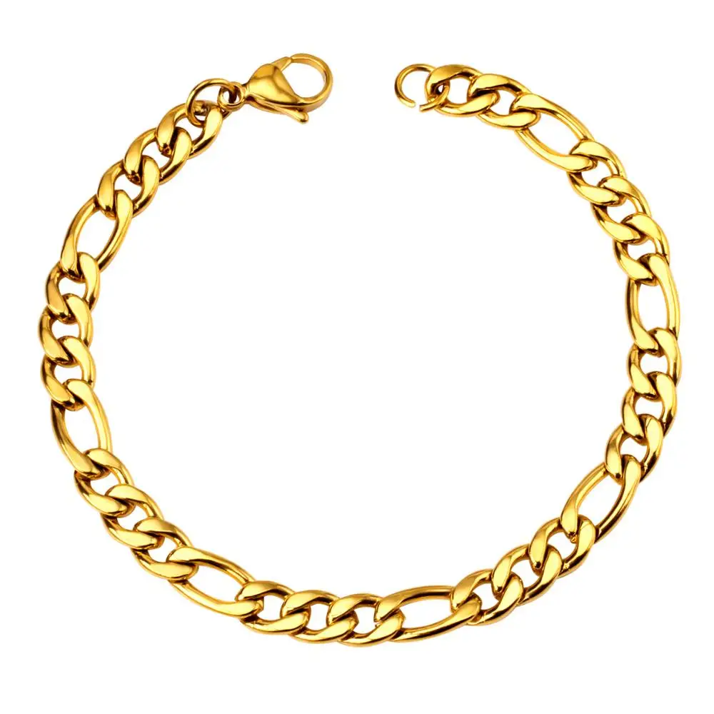 

18K Gold Plate Permanent Mens Stainless Steel Chain Bracelet Jewelry 7mm Width Wholesale Prices