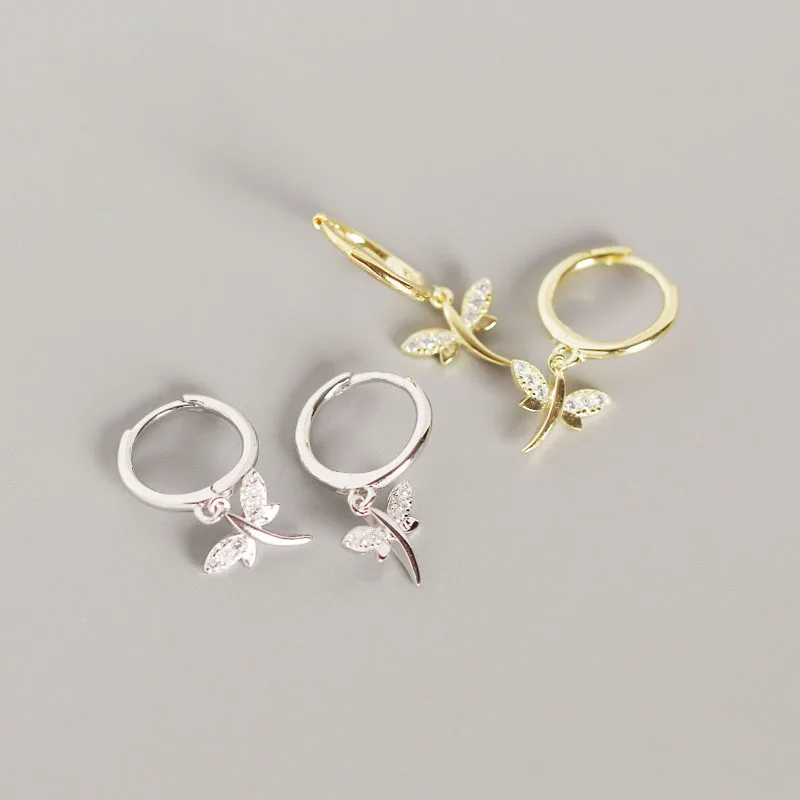 

S925 Micro Paved Cubic Zircon Dragonfly Huggie Earrings 925 Sterling Silver Animal Insect Dragonfly Drop Earrings