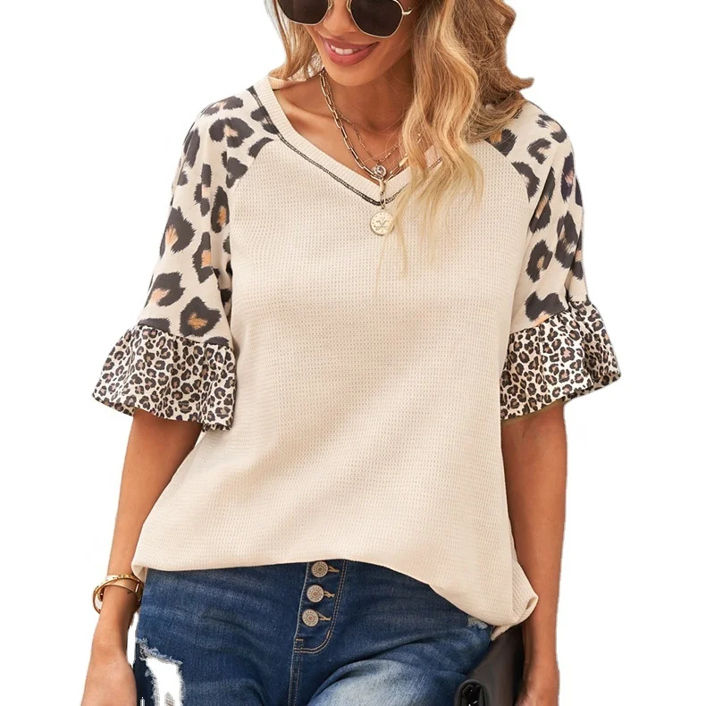 

Wholesale Leopard Patchwork Woman Tops,V Neck Half Puff Sleeve Raglan Blouse, Picture