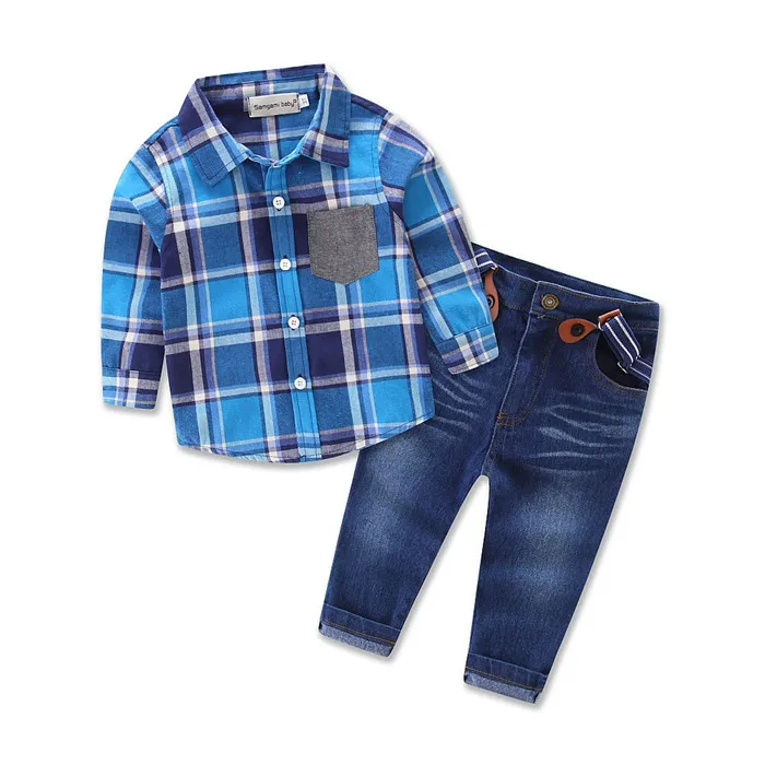 

Wholesale Baby Boys Two Pieces Clothes Dress Suit With Plaid Long Sleeve Shirt And Denim Pants Online, Picture shows