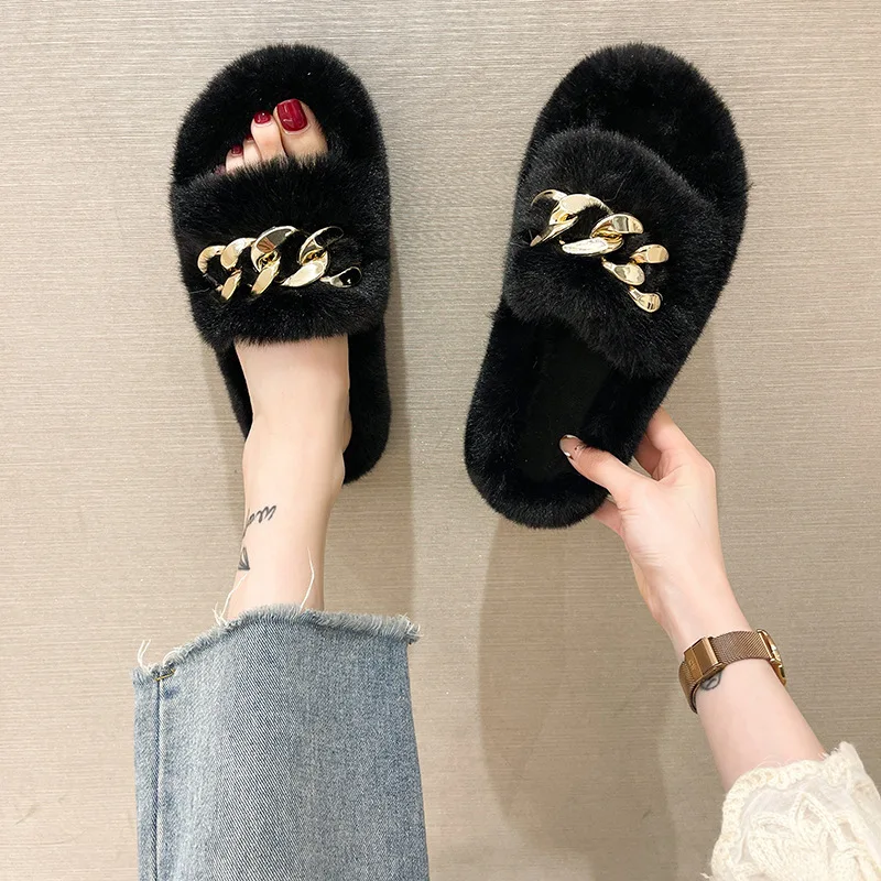 

Winter Warm Furry Thick Sole Big Size Plush New Golden Chain Soft Fur Slippers