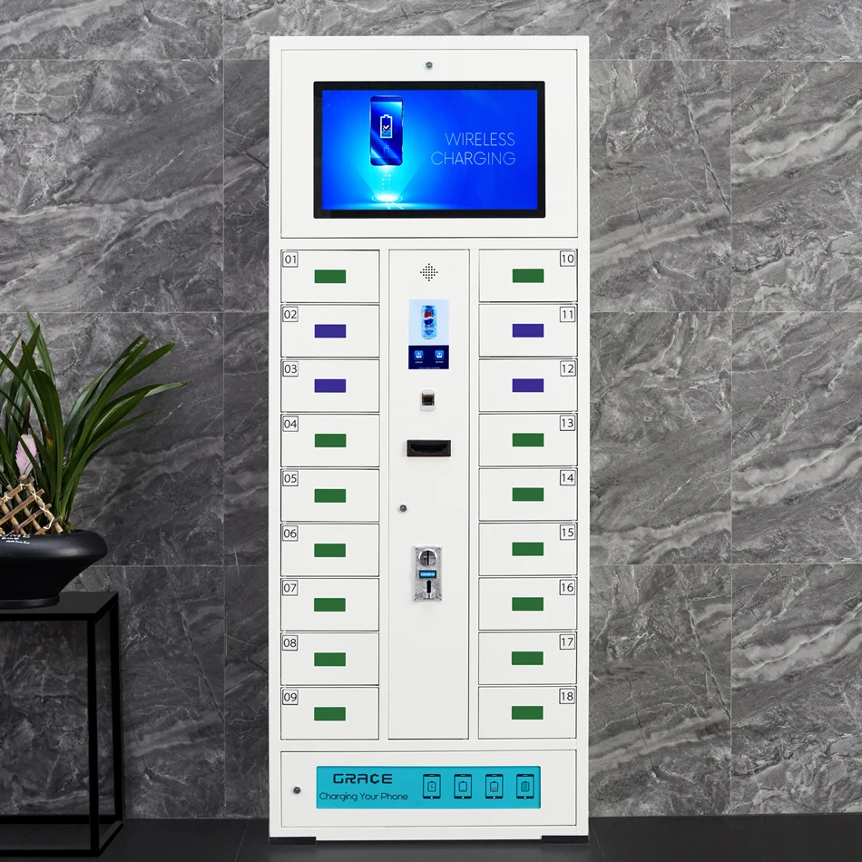 
Floor standing metal locker cell phone charging station with 18 bay in white 