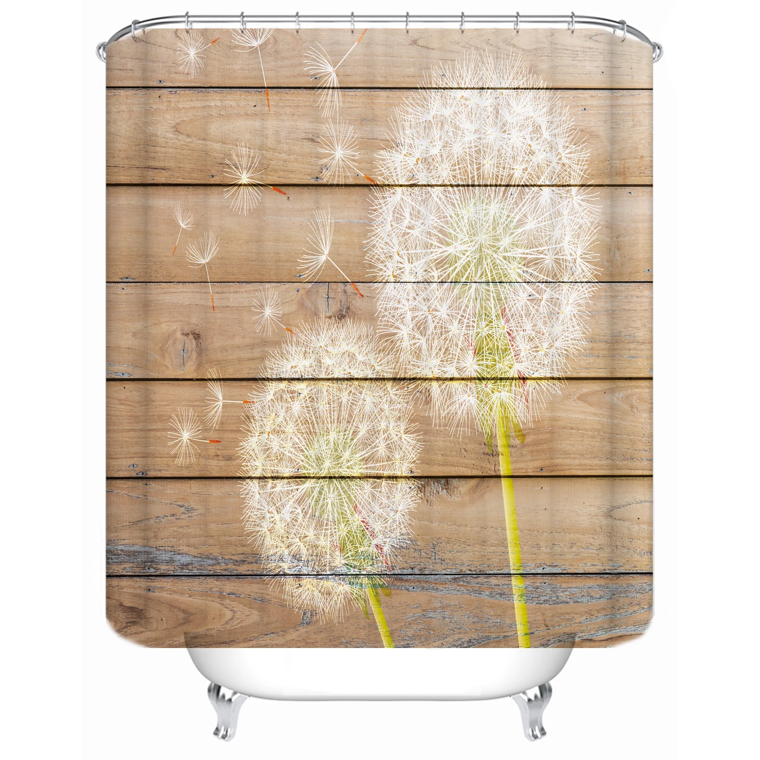 

180x180 Bathroom Partition Bathtub Anti-shower Simple Wooden Board Dandelion Custom Printed Shower Curtain, Picture