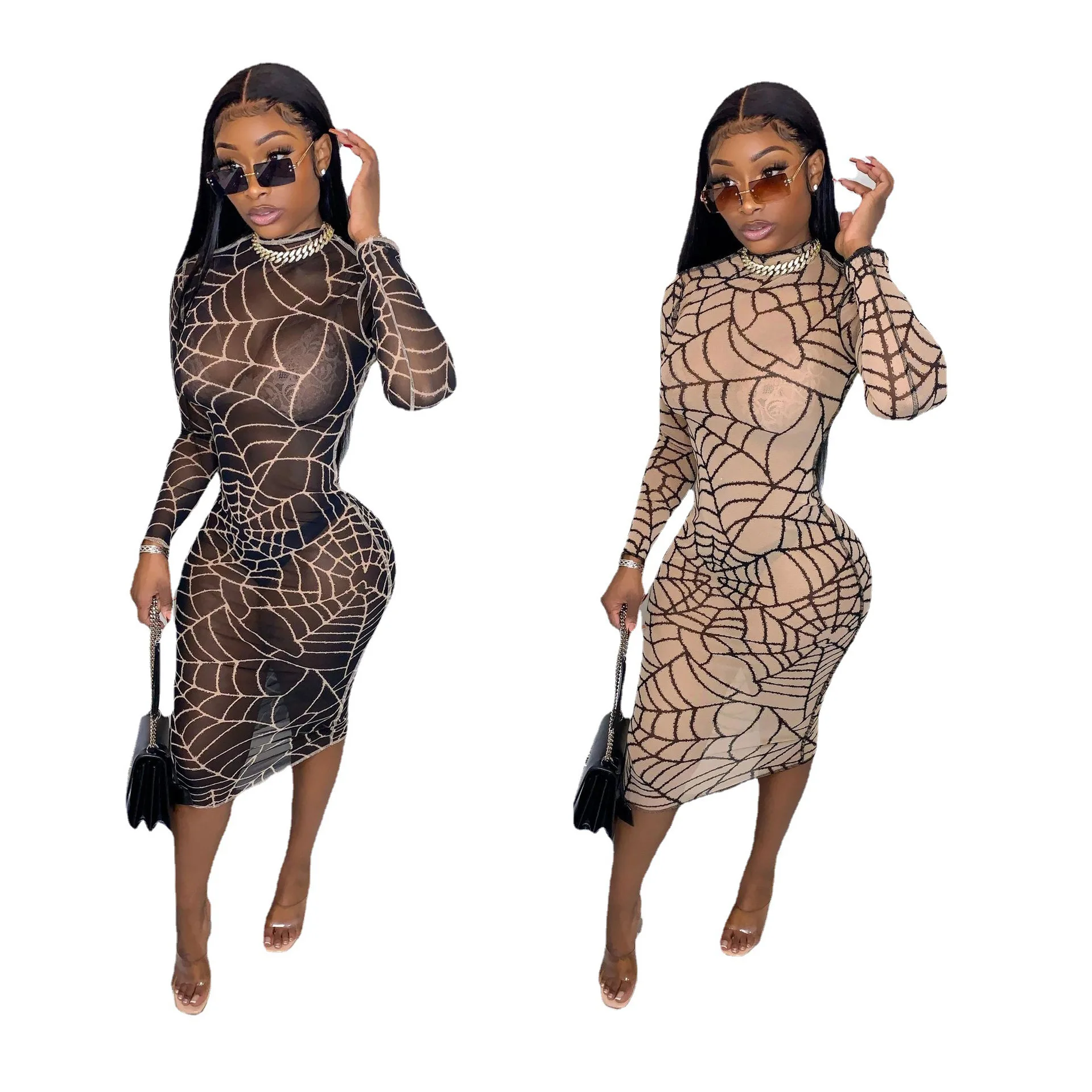 

H6139 - women sexy fashion long sleeve printed mesh midi dresses