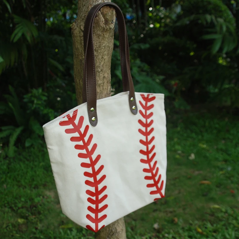 

Ready to ship Wholesale Kids Baseball Tote Bag Softball Canvas Hasp Closure Red Stitching Sporty Tote Handbag DOM343