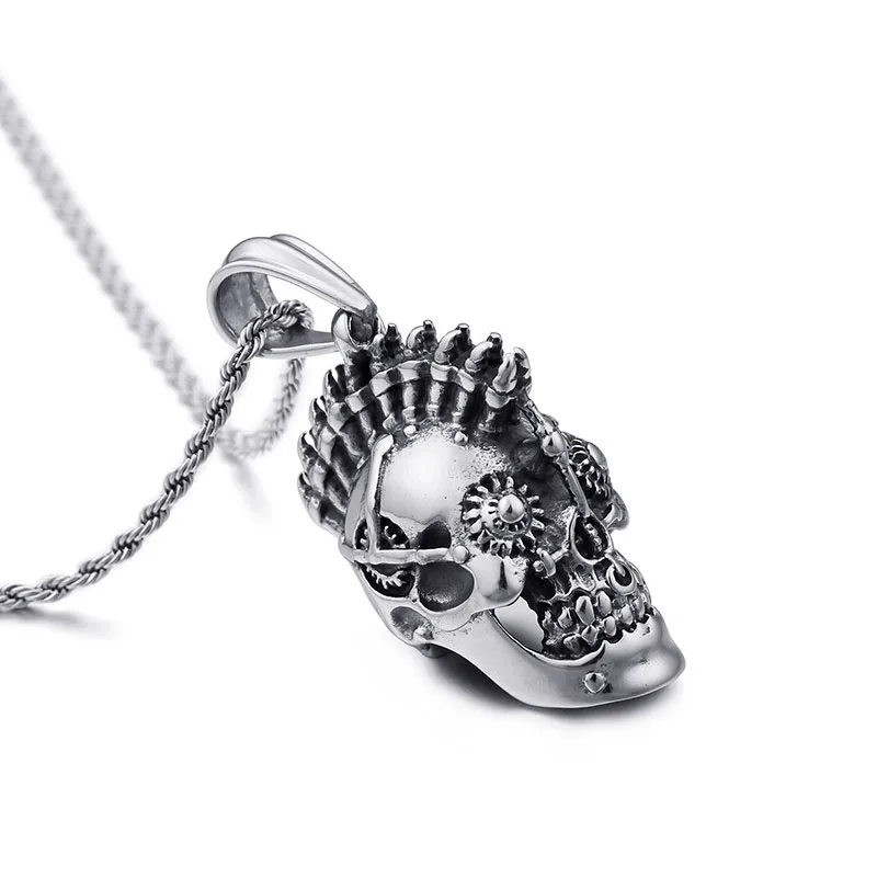 Gothic titanium steel mechanical skull pendant necklace hip hop punk jewelry for men