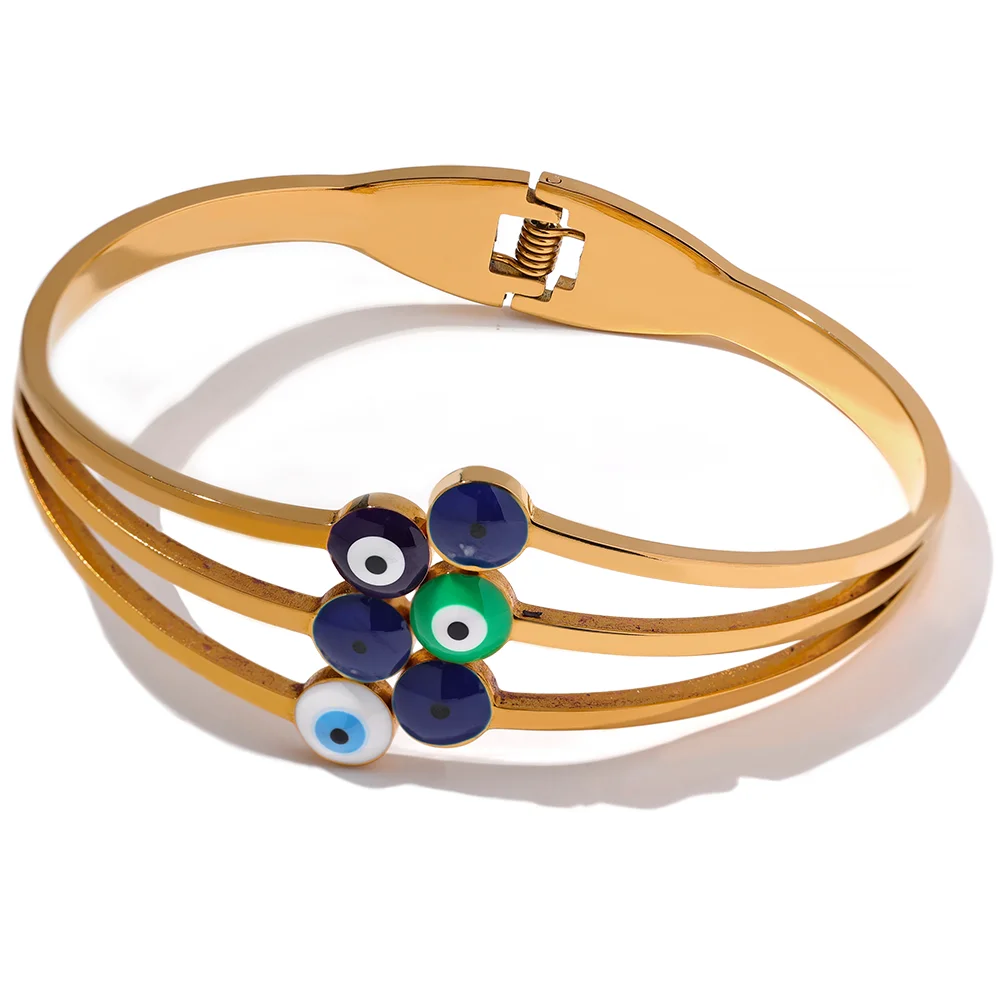 

JINYOU 1787 Statement Blue Enamel Eye Wide Stainless Steel Bracelet Bangle Gold Color Charm Metal Trendy Waterproof Jewelry