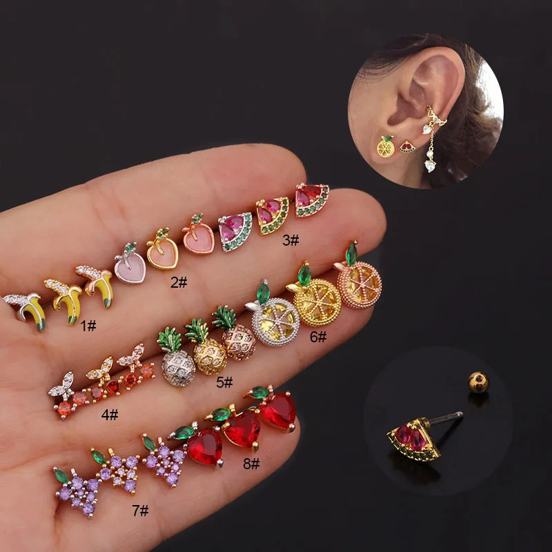 

Colorful Zircon Stud Earrings Screw Back Stud Ear Piercing Jewelry Single Piece Apple Orange Pineapple Grape Fruit Stud Earrings