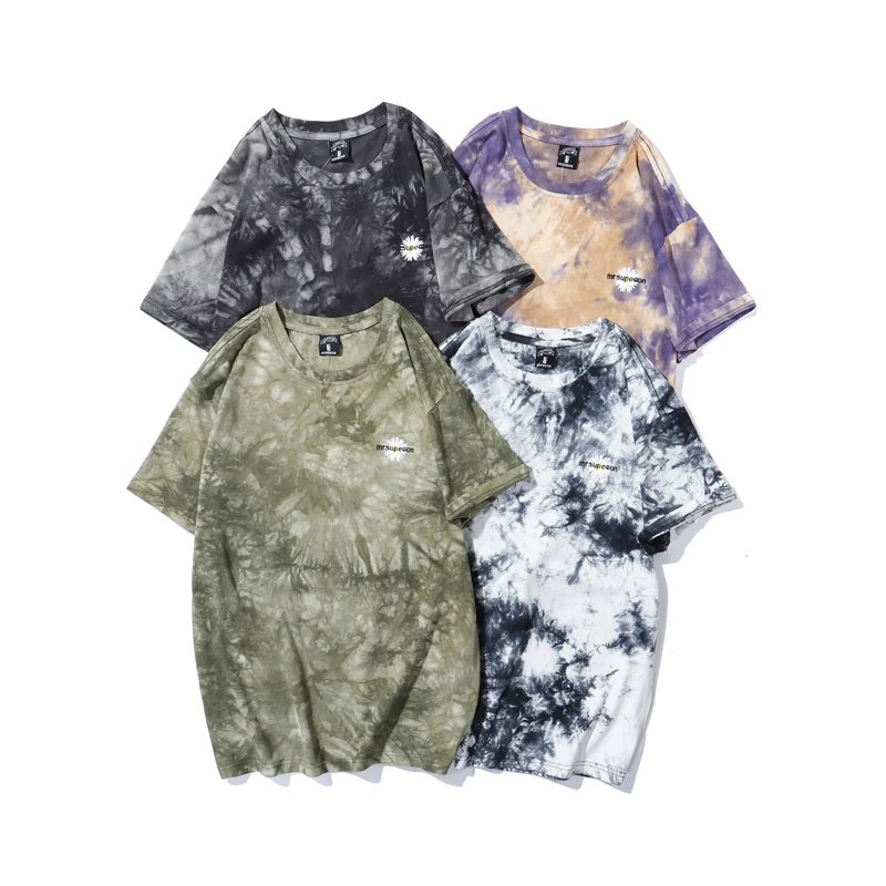 

Summer New Arrival Short Sleeve Tie-Dye T-Shirt Daisy Embroidery Army T Shirt With 4 Colors