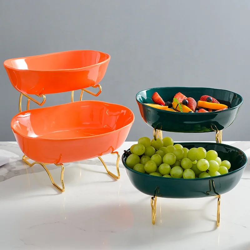 

Nordic Ceramic Fruits Nuts Bowls Snacks Plate Food Storage Container Salad Vegetable Porcelain Plate with Iron Frame, Green/white/orange