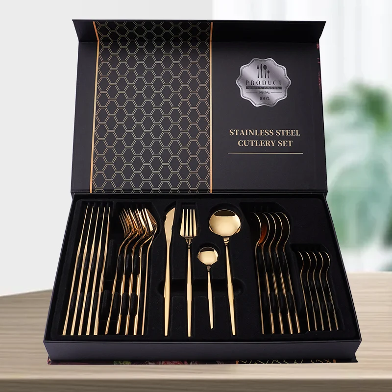 

Luxury Commercial Stainless Steel Portuguese Flatware Wedding Mirror Gold Plated 24pcs Silverware Spoon Fork Knife Cutlery Set, Silver, gold, black, customizable