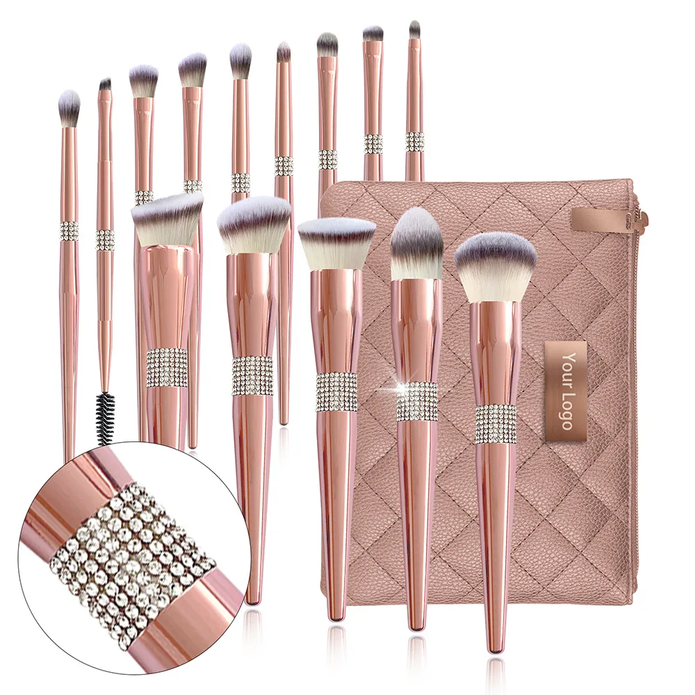 

Rose Golden Glitter Handle Custom Logo 14pcs Crystal Diamond Foundation Brush Set With PU bag Bling Makeup Brush, Rose gold