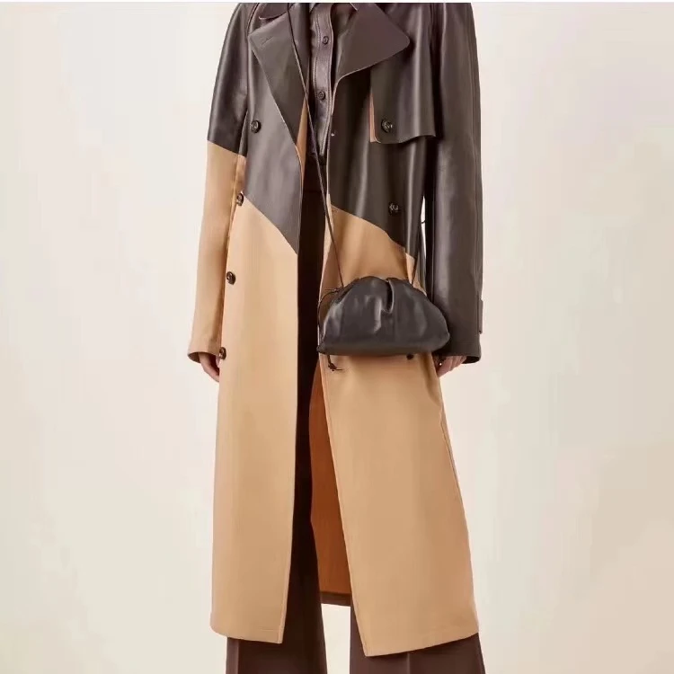 

2020 New winter trench Patchwork leather coat woman long over knee lace-up wind coat khaki color matching black leather