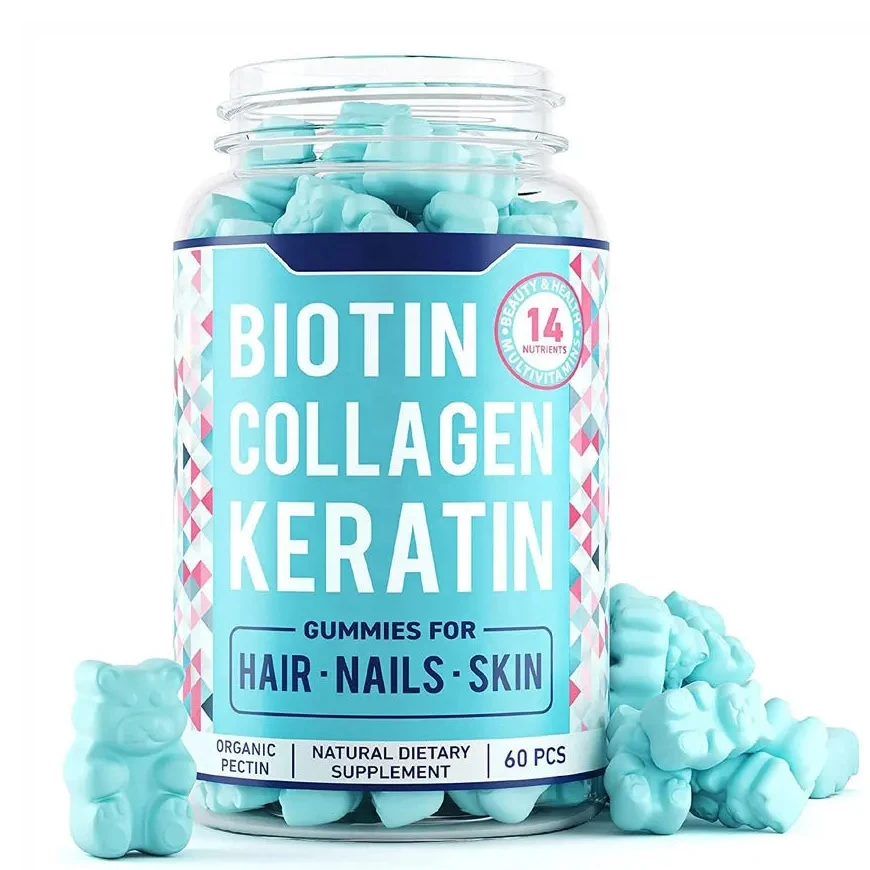 

Ready to Ship Biocaro halal hair growth gummies blue bear biotin collagen hair skin and nails gummies supplements