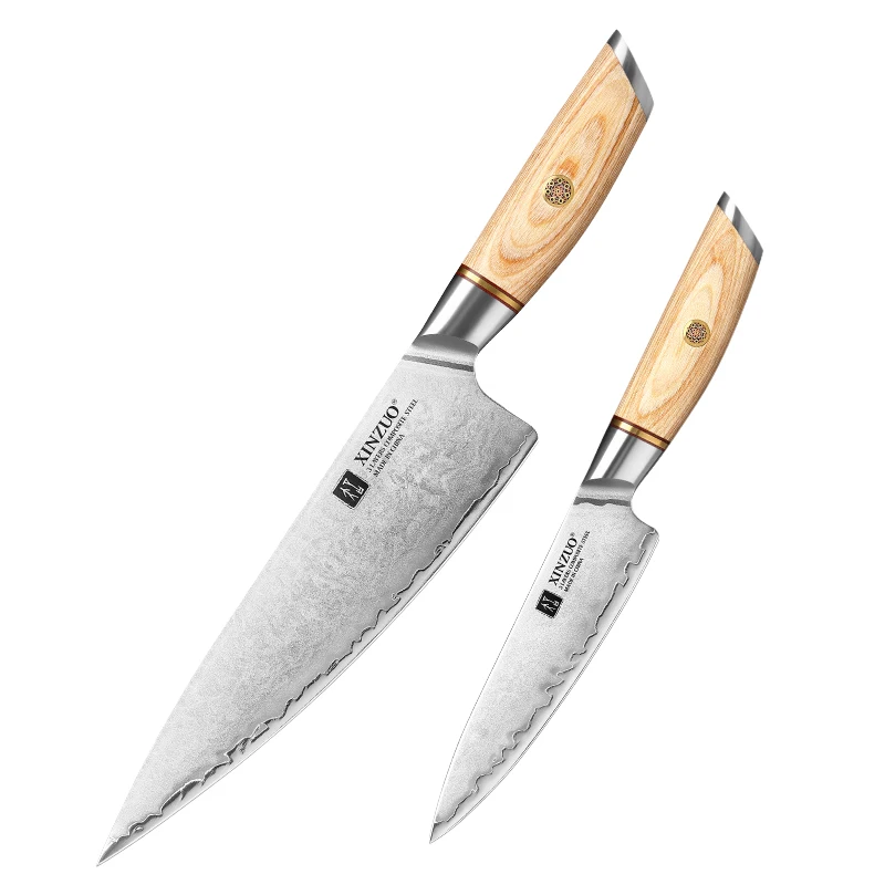

XINZUO 2PCS New Arrivals 3 Layers Composite Stainless Steel Pakka Wood Handle Kitchen Chef Knife Set