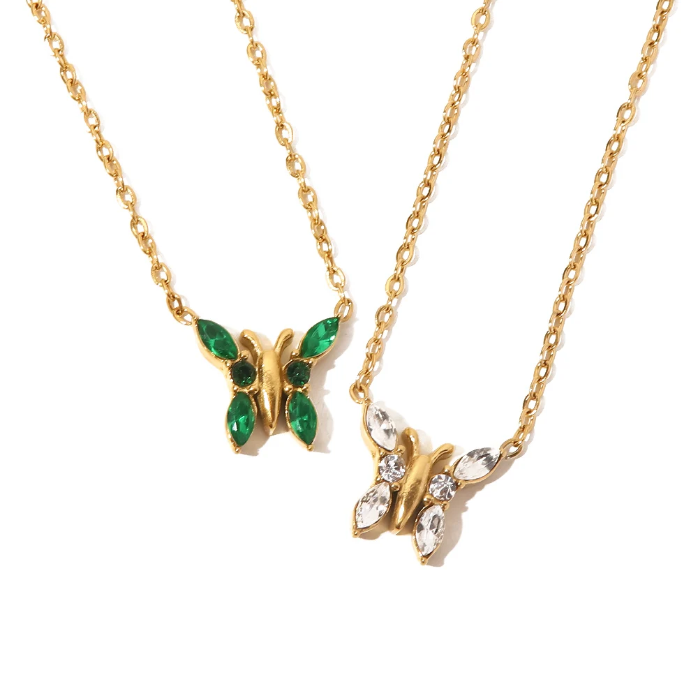 

Minimalist Jewelry 18K Gold Plated Stainless Steel Clear Green Zircon Paved Butterfly Necklace