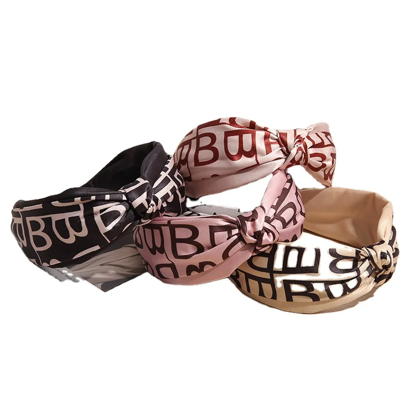 

4 Colors Luxury Designer Print Letter Crossed Wide Side Non-slip Hoop Hair Hoop Headband Bandana Women Hair Accessories, Mixed color