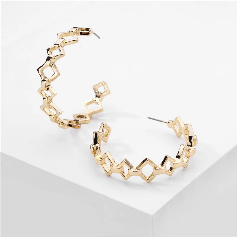 

Exaggerate Hollow Square Link Chain Hoop Earrings Gold Color Large Round Circle Hoop Earring For Girls