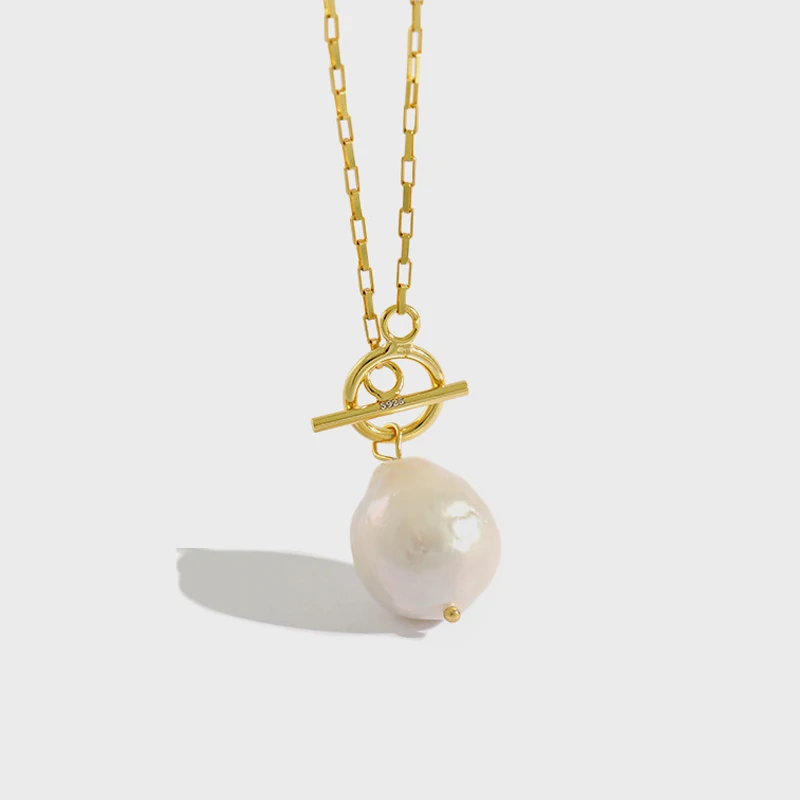 

Hot Trendy S925 Sterling Silver 18K Gold Plated Toggle Clasp Baroque Pearl Pendant Necklace