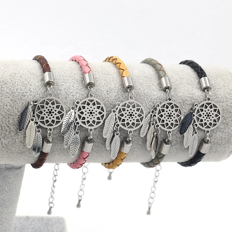 

2021 Newest Genuine Leather Braided Rope Stainless Steel Dream Catcher Bracelet Men Women Adjustable Personality Jewelry, Pink,yellow,brown,black,gray