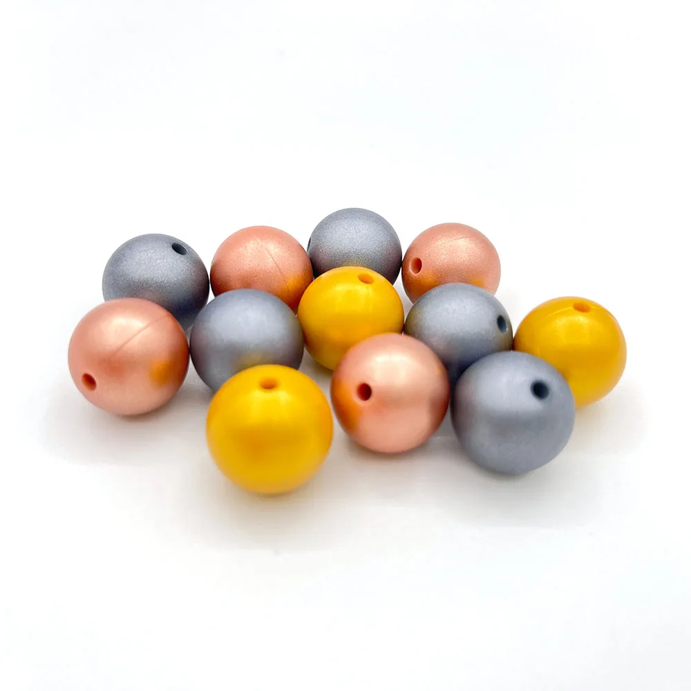 

Silver Golden Black Print 15mm Silicone Metallic Round Teething Beads Food Grade Silicone Chewable Beads For Bead