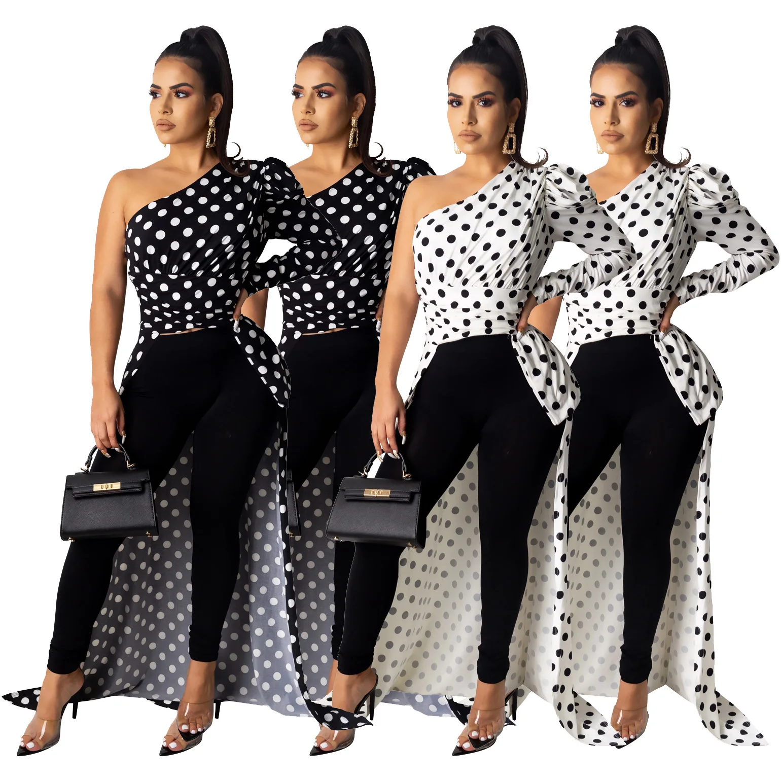 

Consignment Wholesale SD9199 European and American sexy fashion one sleeve irregular polka dot print coat dress