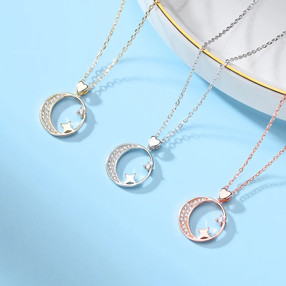 

Trending Design 925 Silver Jewelry Star And Moon Phases Necklace With Cubic Zirconia For Women Girl Collana