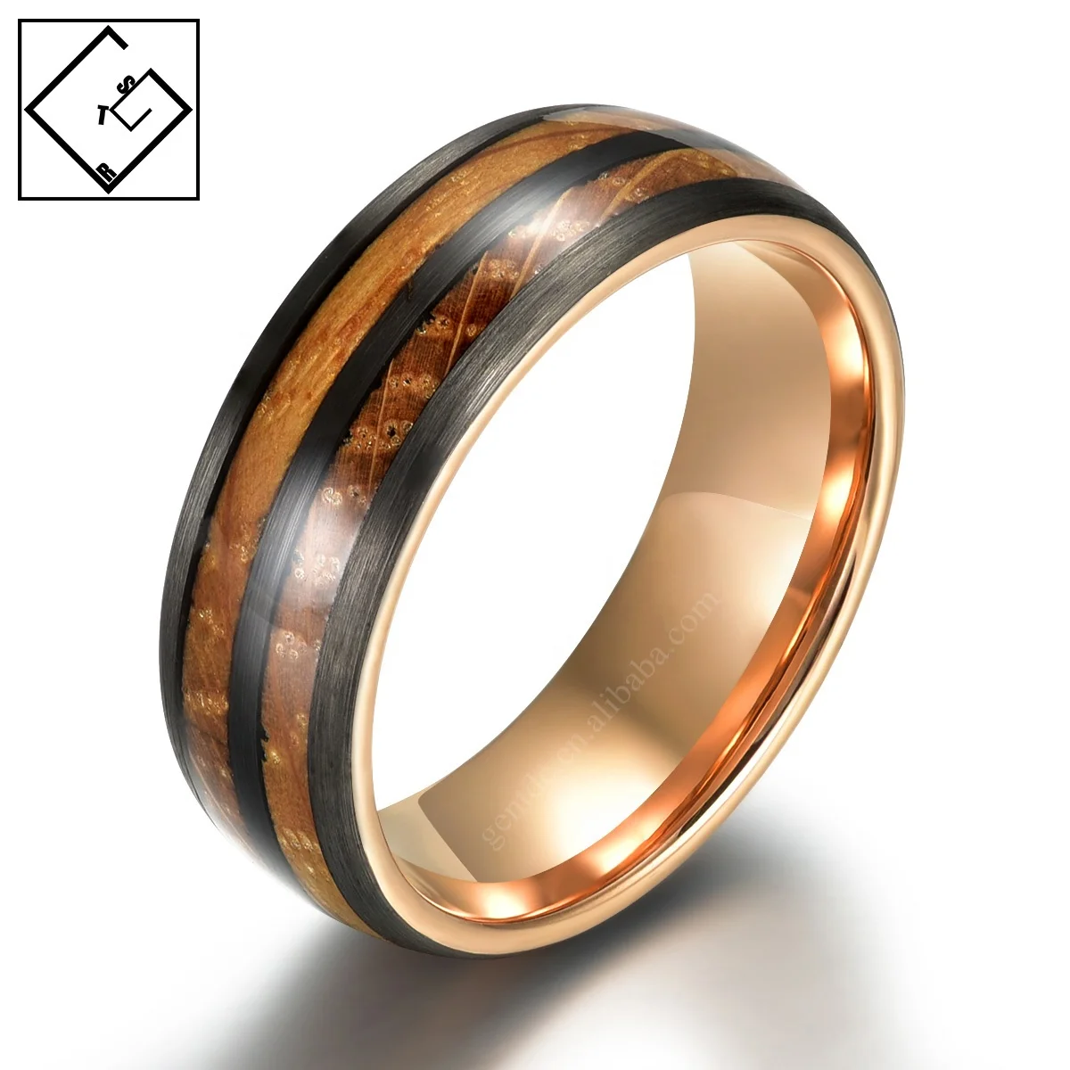 

Ready To Ship Tungsten Ring With Double Whiskey Wood Inlay Wedding Ring